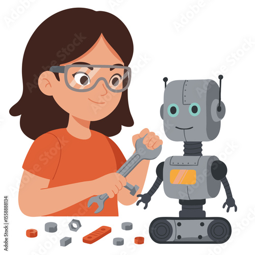 Girl in Goggles Fixing Robot with Wrench, Flat Vector Icon