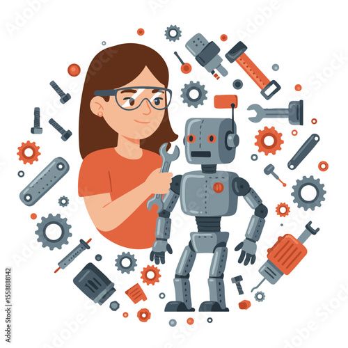 Girl in Goggles Fixing Robot with Wrench, Flat Vector Icon
