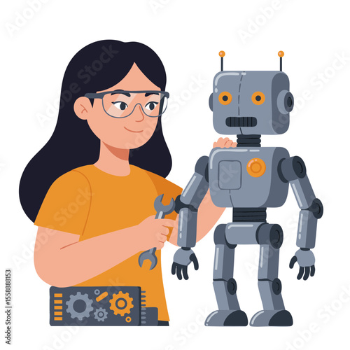 Girl in Goggles Fixing Robot with Wrench, Flat Vector Icon
