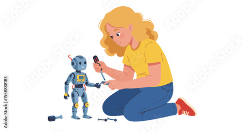 Young Girl Assembling Small Robot on Floor, Flat Vector Illustration