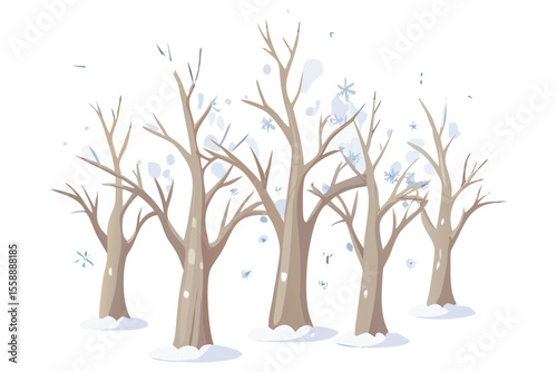 Winter season trees background illustration with snow flakes falling in a forest landscape art