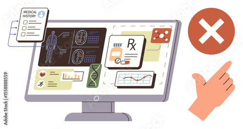 Digital medical records, prescriptions, and diagnostics displayed on monitor denied by hand gesture and cross icon. Ideal for healthcare tech, privacy, data access, cybersecurity, digital health