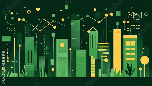 A flat vector illustration of a chart with green and gold abstract geometric buildings, plants and eco-friendly background