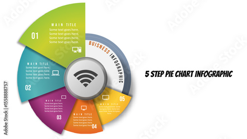 5 Step PIE CHART Infographic. 5 Step Circular Business Infographic for PowerPoint and Presentation Slides. Fully editable vector SVG file compatible with PowerPoint, Illustrator, and most vector apps.