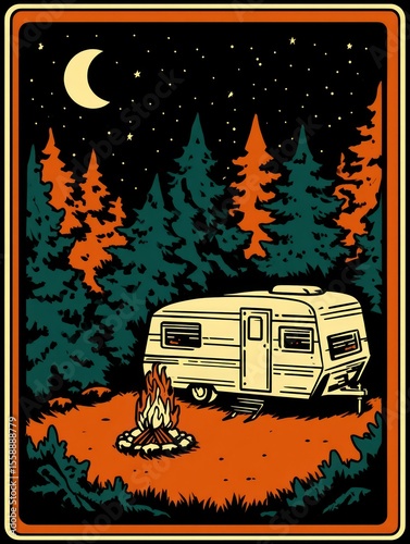 Illustration of a campsite featuring a trailer under a starry night sky and a glowing fire