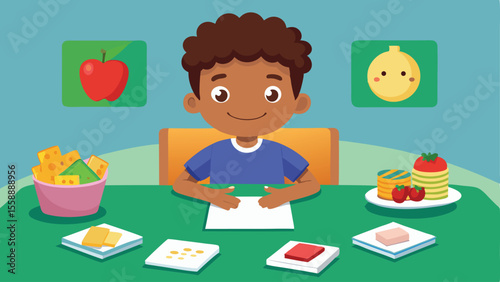Joyful cartoon boy celebrates with a cake and fruits on a table, a delightful illustration of childhood fun