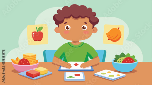 Cartoon vector illustration of a child eating breakfast with a glass of milk and a cup of tea