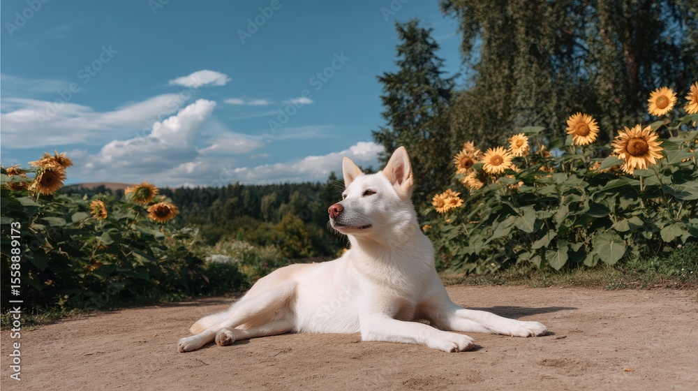 Fototapeta premium Serene White Dog Relaxing Among Sunflowers in a Lush Landscape