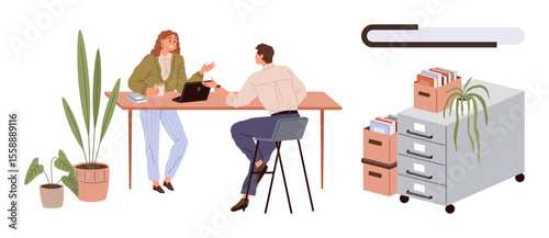 Two colleagues discussing work at a desk with plants nearby, surrounded by filing cabinets and folders. Ideal for teamwork, office setup, organization, productivity, communication, planning, flat