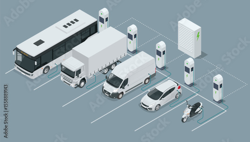 Isometric illustration of electric vehicle charging station with car, bus, truck, van, and scooter. Clean energy transport using renewable solar or wind power. Eco-friendly mobility concept