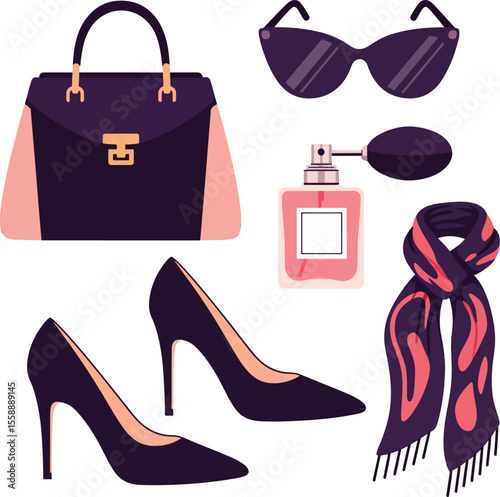 Flat vector collection of fashion accessories – handbag, sunglasses, perfume, heels, and scarf – feminine style, white background.