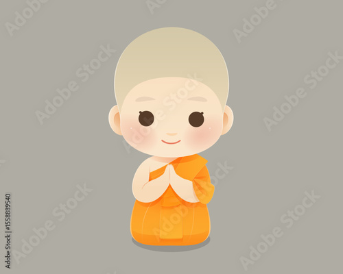 Charming cartoon of a young monk kneeling and praying with a calm smile, symbolizing peace, faith, and mindfulness. Great for spiritual themes. Includes free facial expressions inside the file.