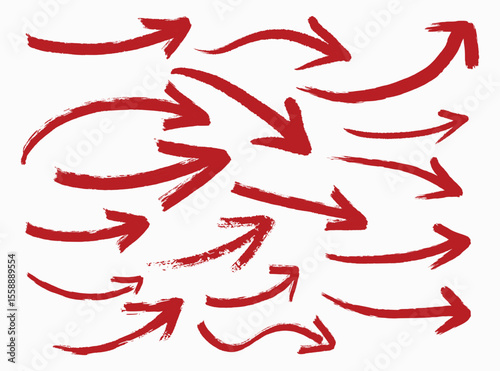 Set of Hand-Drawn Arrows Created with Red Brush Strokes. Bold Ink Directional Marks Isolated on White Background for Highlight and Emphasis