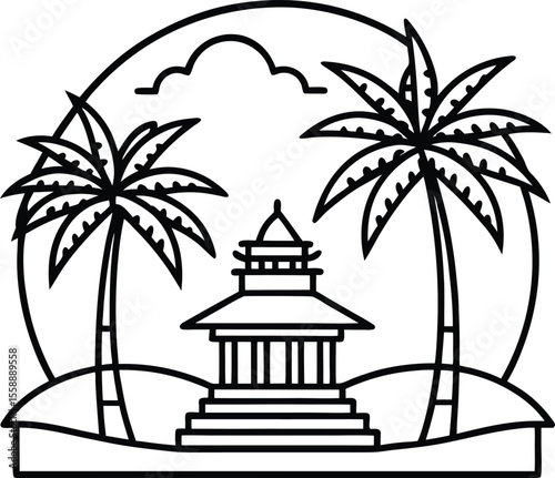Mountain Scene with Temple and Palms
