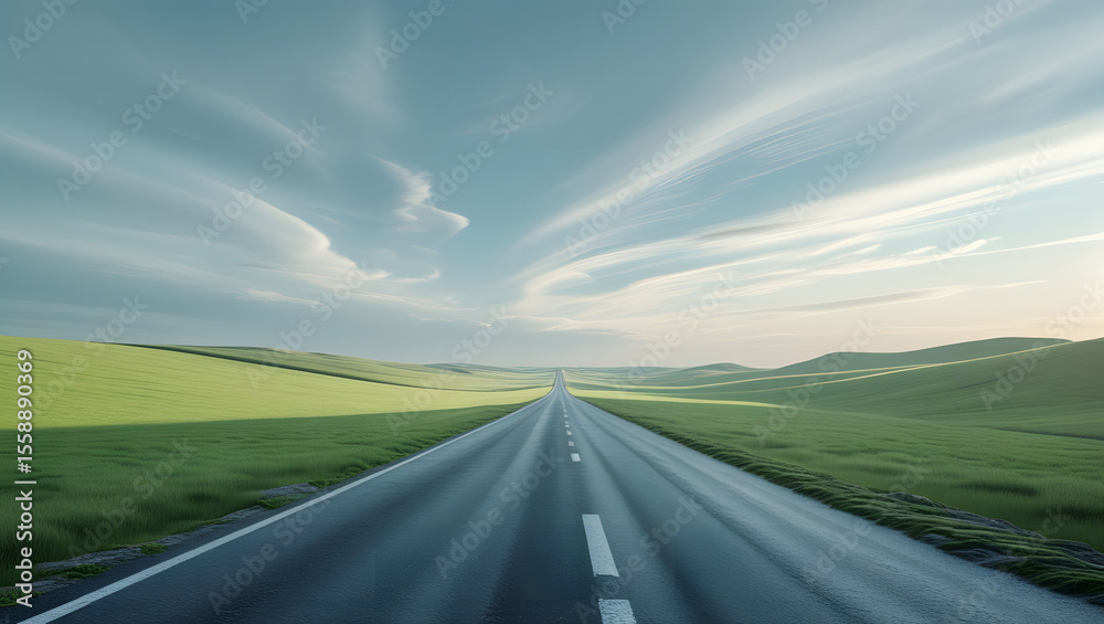 Naklejka premium Endless asphalt road vanishing into a scenic landscape under a dramatic, swirling sky.