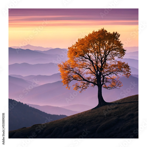 Lone Golden Tree: Vibrant Autumn Hillside and Misty Mountain Vista.