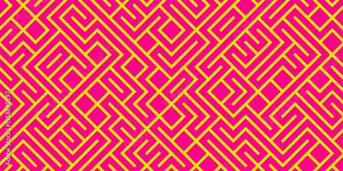 Geometric maze colorful seamless pattern. Brush drawn pink and yellow scribbles. Abstract maze geometric vector background. Irregular labyrinth pattern in bright colors. Hand drawn intricate banner.