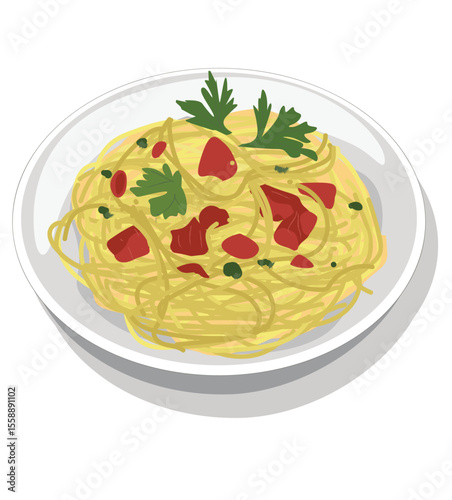 spaghetti.  meal of delicious spaghetti bolognese and parsley garnish