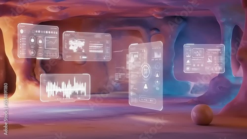 Futuristic digital interface displays floating in an abstract cave environment with glowing elements