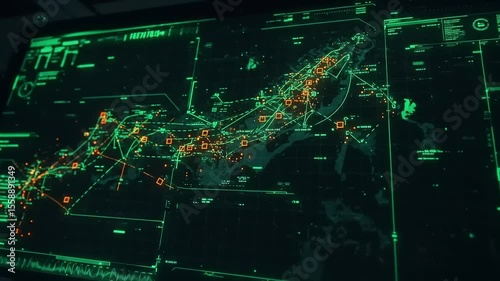 Futuristic digital map displaying network connections and data points across a vast landscape