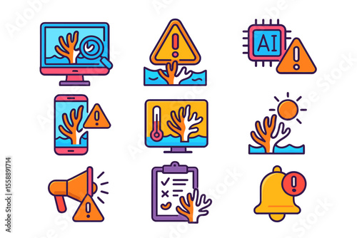 Icons representing digital alerts and environmental concerns related to climate change and artificial intelligence technology