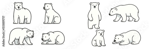 Polar bears depicted in various poses showcasing their playful nature in an artistic illustration