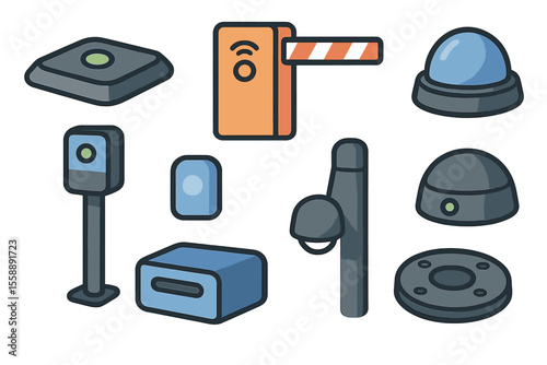 Various security and access control devices in an illustrative style for enhancing modern safety solutions