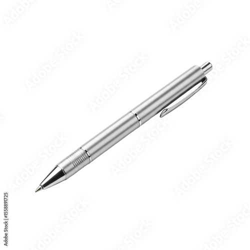 A single, sleek silver metallic gel pen with a polished finish and translucent reservoir, resting flat on a transparent seamless isolated background in a bright studio with diffused shadowless