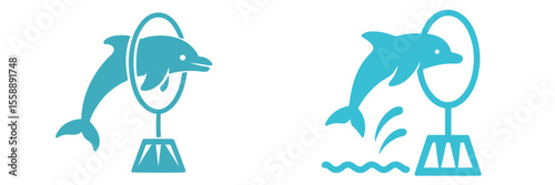 Dolphins performing tricks in a water show at an amusement park in summer