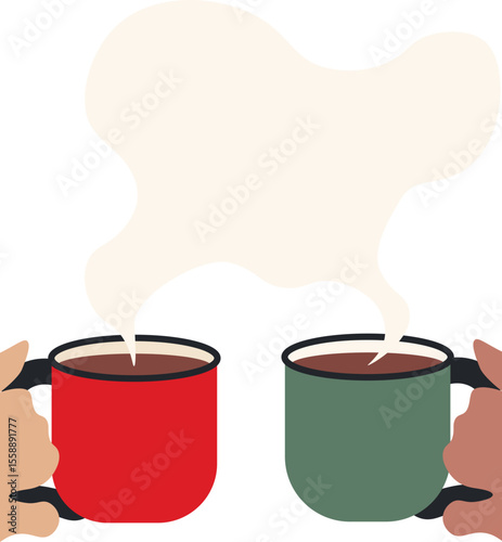Vector illustration of two hands holding mugs with steam, positioned to create a blank space between them for custom text. Ideal for seasonal banners, greeting cards, product packaging, social media
