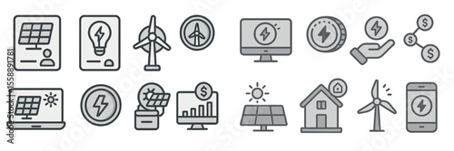 Exploration of renewable energy symbols depicting solar and wind power solutions from various digital designs