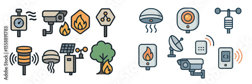 Collection of safety and monitoring icons representing environmental protection and emergency management technologies