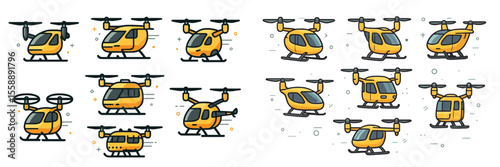 Different types of yellow helicopters in various designs, showcasing aviation technology and engineering