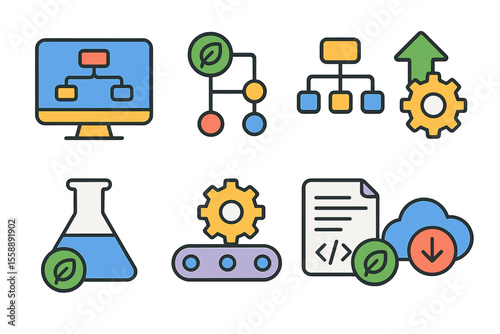 Colorful vector graphics of technology and process icons illustrating data management and automation concepts in a creative design