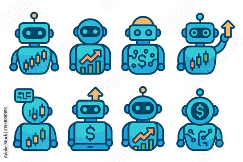 Colorful robot icons depicting various financial and data analysis activities in a modern design style