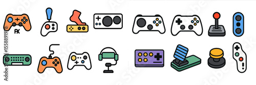 Collection of colorful gaming controller icons depicting various popular game devices and accessories