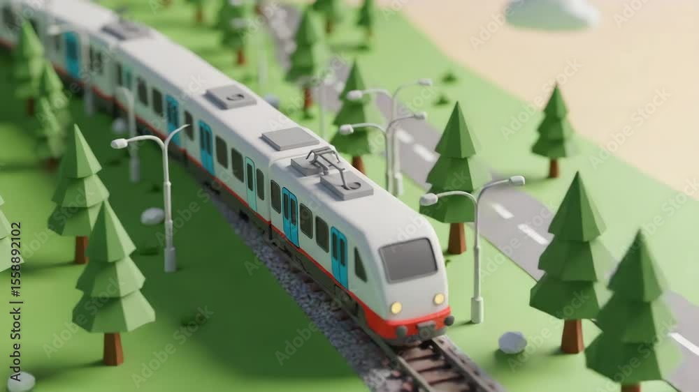 3d render cartoon plastic textured aerial view of an train on tracks