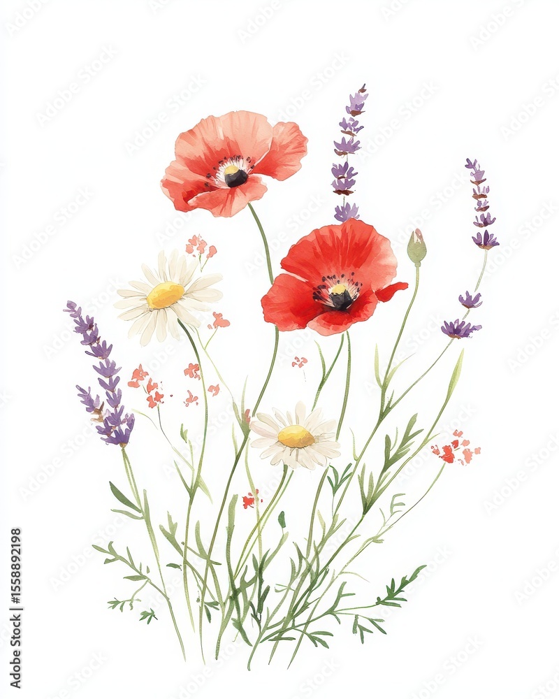 Fototapeta premium Delicate Watercolor Bouquet of Poppies and Lavender Flowers