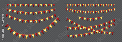 Realistic Triangle Bunting flags set, Red and Gold vector pennants hanging on the rope, colorful flag garland for party and holiday decorations