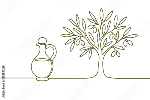 Olive tree and earthenware jug in minimalist line art style representing Mediterranean culture and cuisine