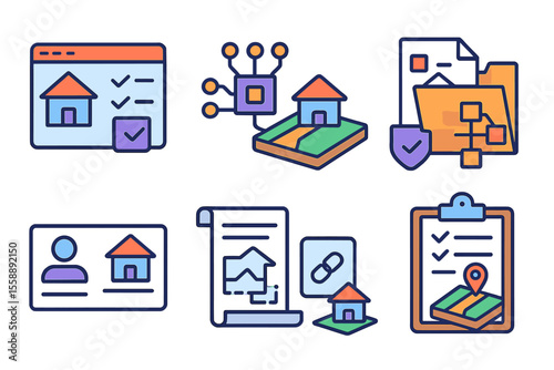 Icons depicting real estate services with digital tools for property management and transactions