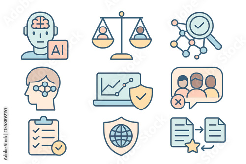 Illustration depicting key concepts in artificial intelligence, ethics, and data protection from multiple viewpoints in a digital landscape