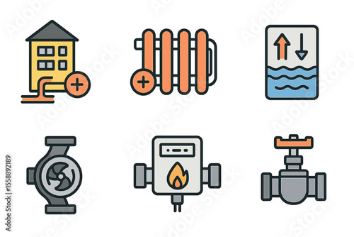 Icons representing home heating and plumbing equipment in a flat design style for educational purposes