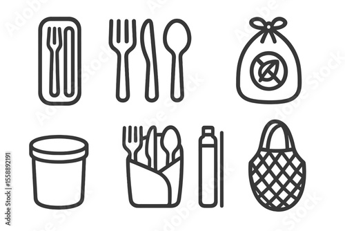 Illustration of various utensils, containers, and bags for food storage and serving