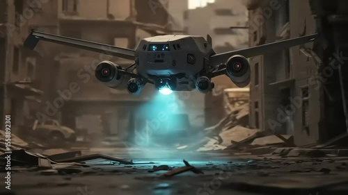 Futuristic drone flying through a desolate urban landscape with debris and ruined buildings