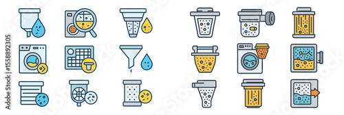 Multiple icons illustrate the components and process of water filtration systems