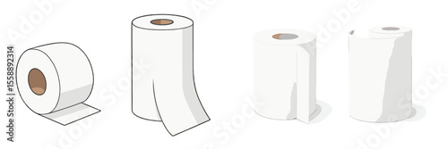 Different styles of toilet paper rolls displayed on a plain background in a clean and minimalistic arrangement
