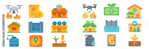 Icons representing various aspects of sustainability and environmental protection including drones, buildings, and water resources