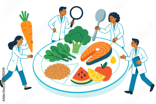 Nutrition specialists analyze balanced meal components in a colorful food plate design showcasing healthy food choices