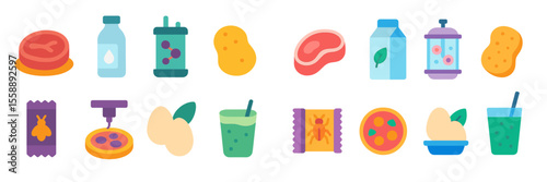 Colorful variety of foods and beverages displayed in a simple arrangement at a market setting